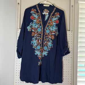 Solitaire Tunic Dress Women's Size Large Navy Blue‎ Floral Embroidered Casual
